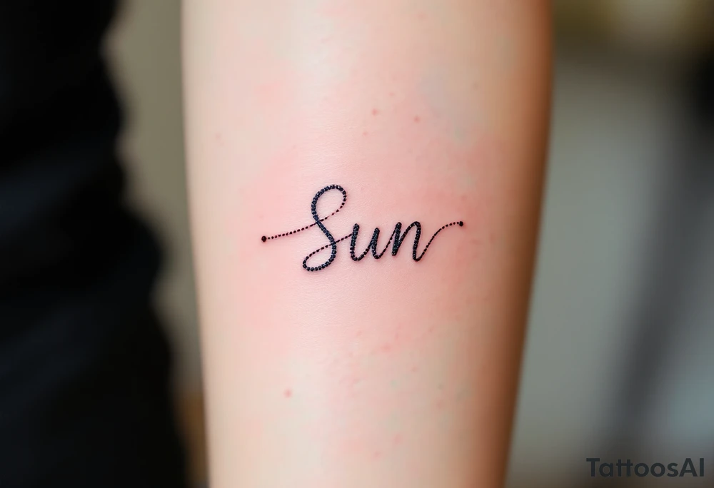 Word "Sun" written vertical with small sunflower in pink tattoo idea