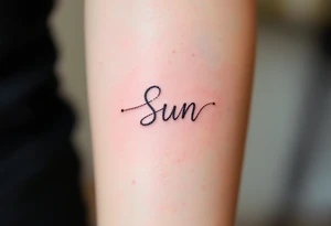 Word "Sun" written vertical with small sunflower in pink tattoo idea