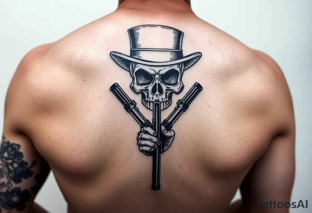 voodoo skull, top hat, dead mans card hand, six guns tattoo idea