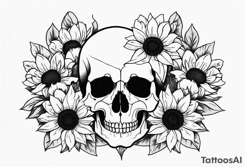 skull surrounded by sunflowers tattoo idea