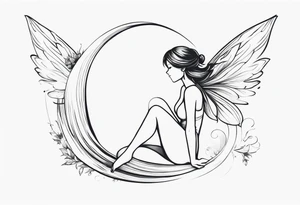 Minimalistic, monochromatic fairy with a tail flying to the left in a fetal position, leaning and looking in the same direction, with visible hands, embodying the 'Fairy Tail' logo aesthetic. tattoo idea