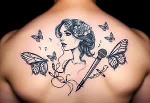 Faith Alice Ida Daiquan surrounded with butterflies, musical notes, needle and thread, microphone and drumstick tattoo idea