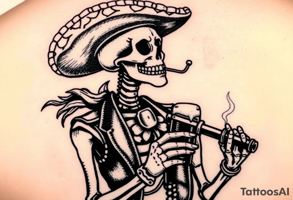 Skeleton with Mexican attire with a colt and beer smoking tattoo idea