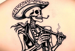 Skeleton with Mexican attire with a colt and beer smoking tattoo idea
