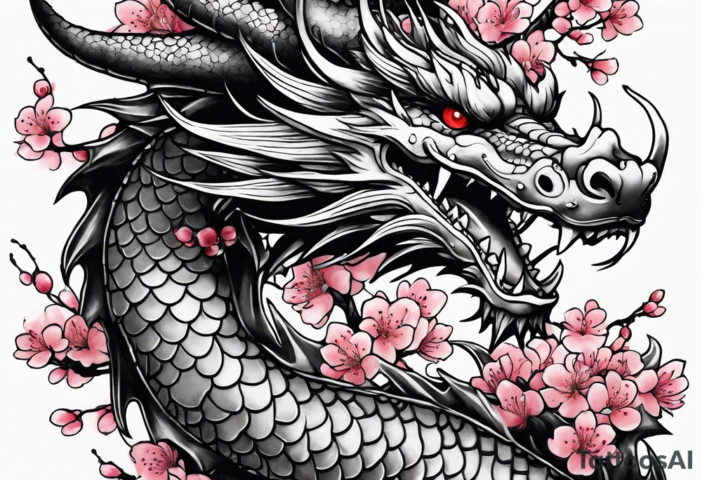 dragon with  cherry blossoms  and soot sprites tattoo idea