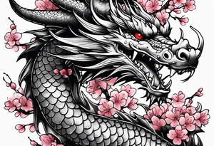 dragon with  cherry blossoms  and soot sprites tattoo idea