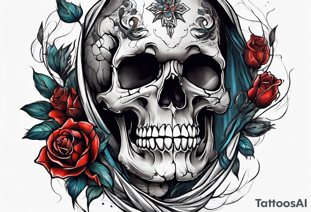 Skull with hands on face crying looking up tattoo idea