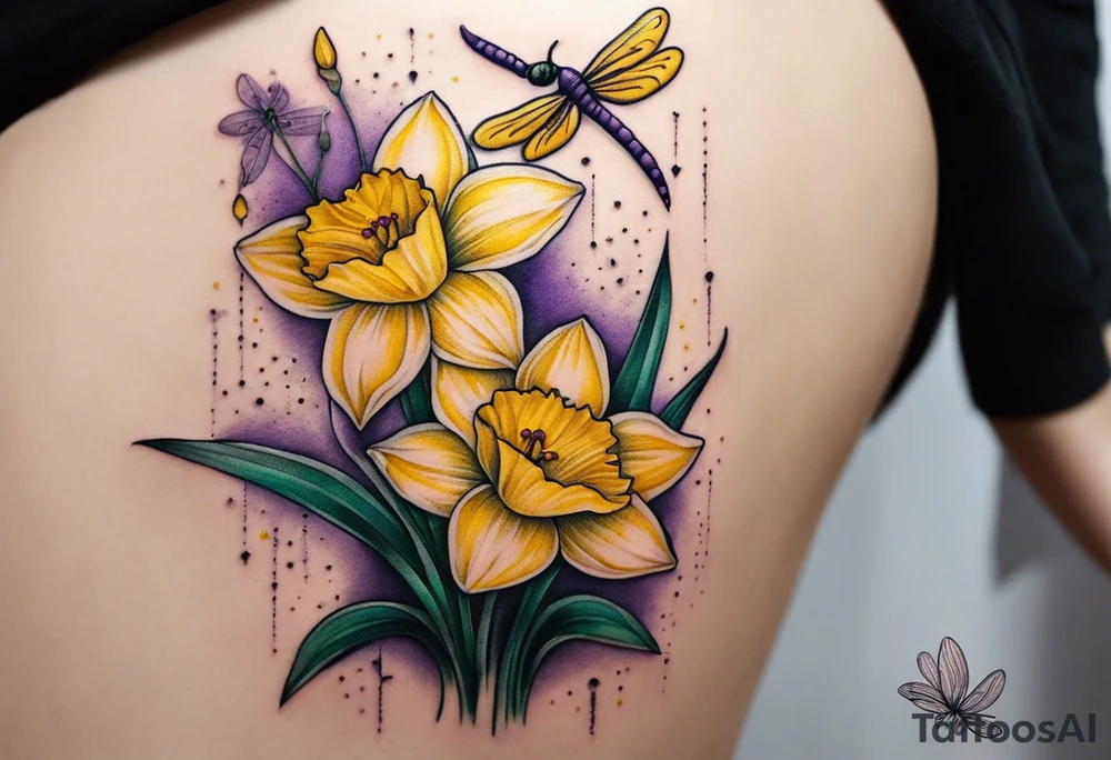 A minimalist tattoo design: Two daffodil flowers drawn with yellow lines, both blossoming from a single stem. On top of the flowers, there is a minimalist dragonfly, smaller in size than the flowers, drawn with purple lines. The stem of the daffodils extends downward and is designed to form the word ‘muadil’ in cursive handwriting, so that the stem and the writing appear as a unified whole. tattoo idea