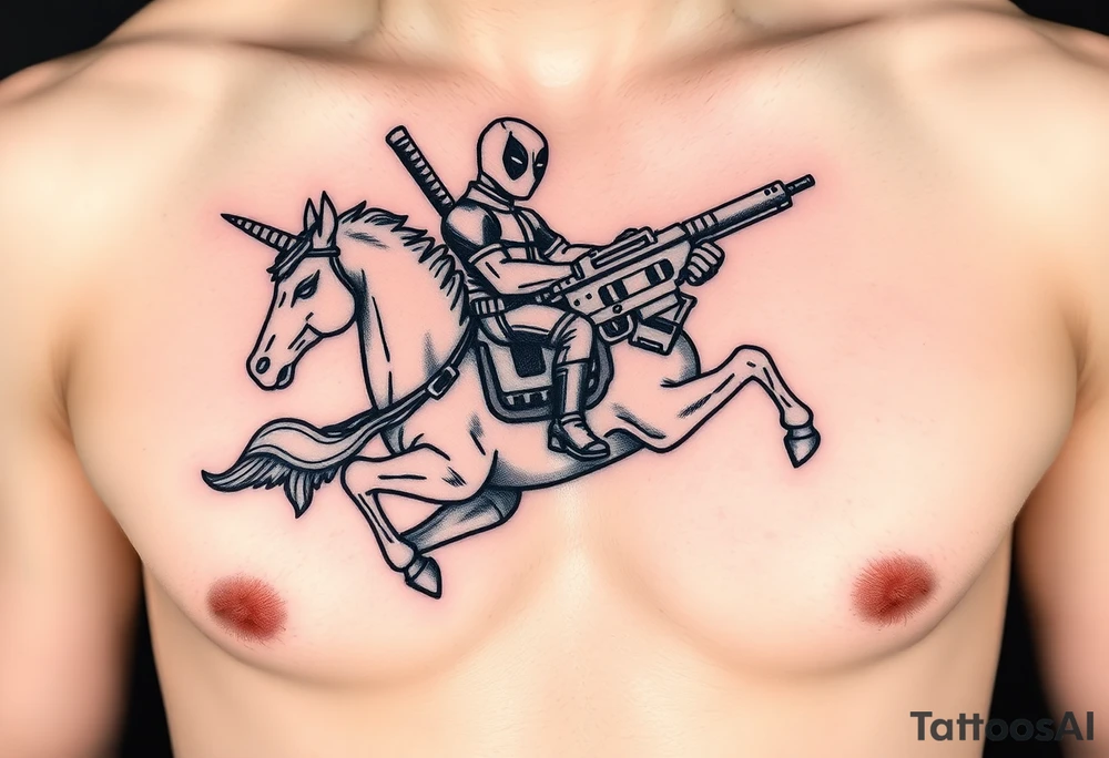 Deadpool riding unicorn with Russian RPG tattoo idea