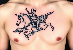 Deadpool riding unicorn with Russian RPG tattoo idea