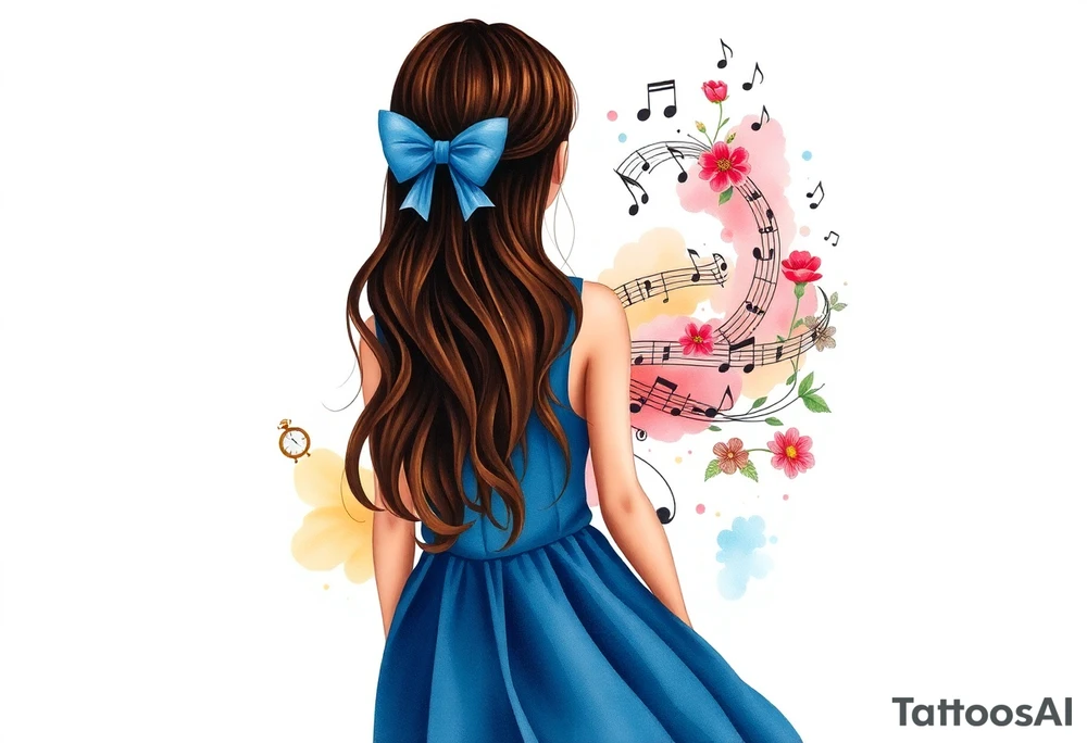 Back view of the silhouette of a brown hair girl in a blue dress. She is following a colorful swirl with music notes, books, and flowers. A pocket watch is at the end of the swirl. tattoo idea