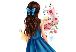 Back view of the silhouette of a brown hair girl in a blue dress. She is following a colorful swirl with music notes, books, and flowers. A pocket watch is at the end of the swirl. tattoo idea