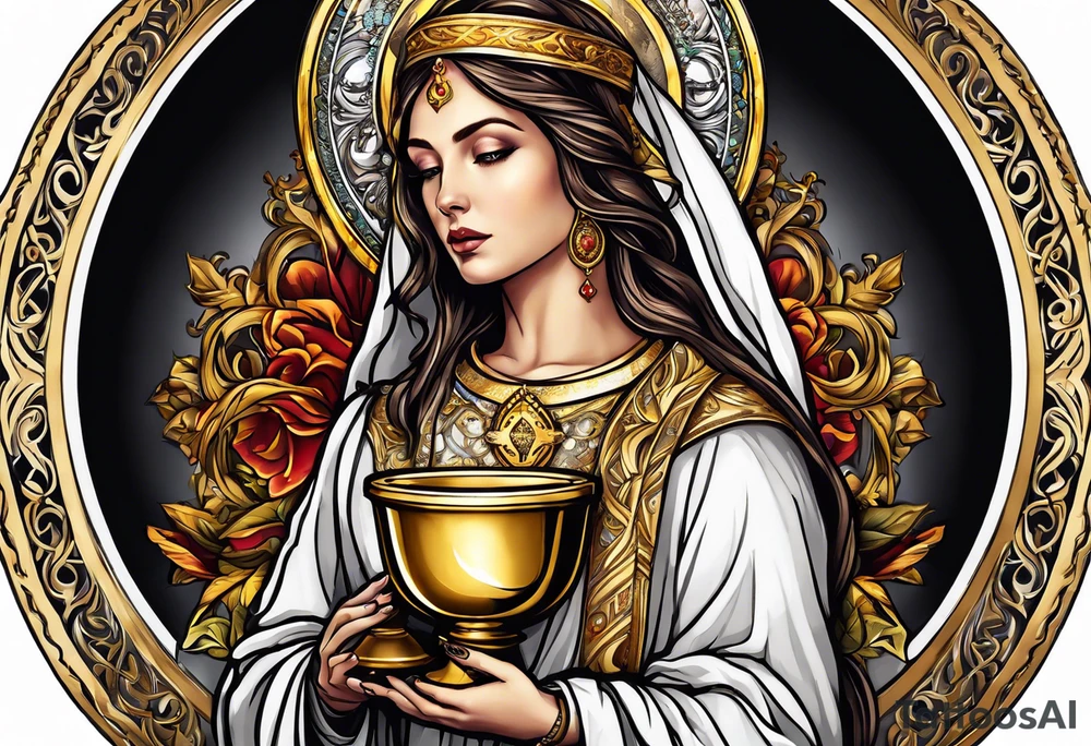 holy saint woman with golden halo holding a chalice tattoo idea
