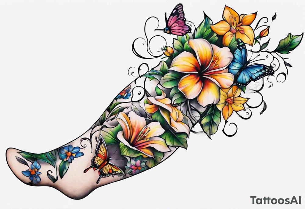 Leg sleeve that is a vine rapping around the leg with flowers and butterflies and  hummingbirds tattoo idea