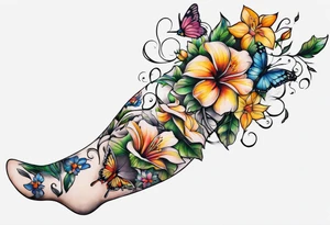 Leg sleeve that is a vine rapping around the leg with flowers and butterflies and  hummingbirds tattoo idea