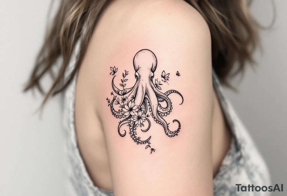 fine-line tattoo, single octopus, flowers butterflies composition, tentacles floral vines, flowing botanical tentacles, overlapping blossoms body, butterfly wing body, minimalist elegant design, nature-inspired, delicate black grey lines, soft shading, no outlines, outline-free design, floral octopus, botanical sea creature, organic flow, upper arm shoulder placement, light airy feel, poetic minimalism, vine-shaped tentacles, petal tentacle flow, blossom overlapping, wing composition, delicate linework, soft botanical shading, nature creature fusion, minimalist intricacy, elegant simplicity, flowing organic movement, shoulder arm curve, lightweight design, subtle detail work, refined botanical elements, understated complexity, clean minimalist lines, gentle nature fusion tattoo idea