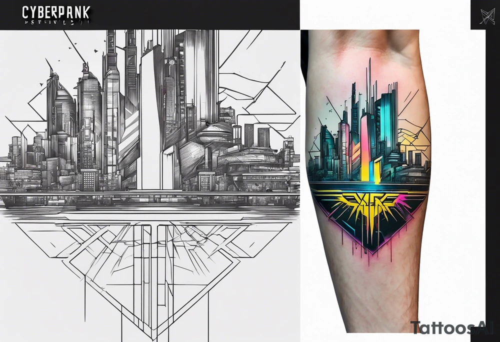cyberpunk 2077, forearm tattoo, geometric, subtle, men, city skyline tattoo idea