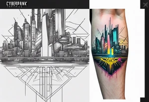 cyberpunk 2077, forearm tattoo, geometric, subtle, men, city skyline tattoo idea