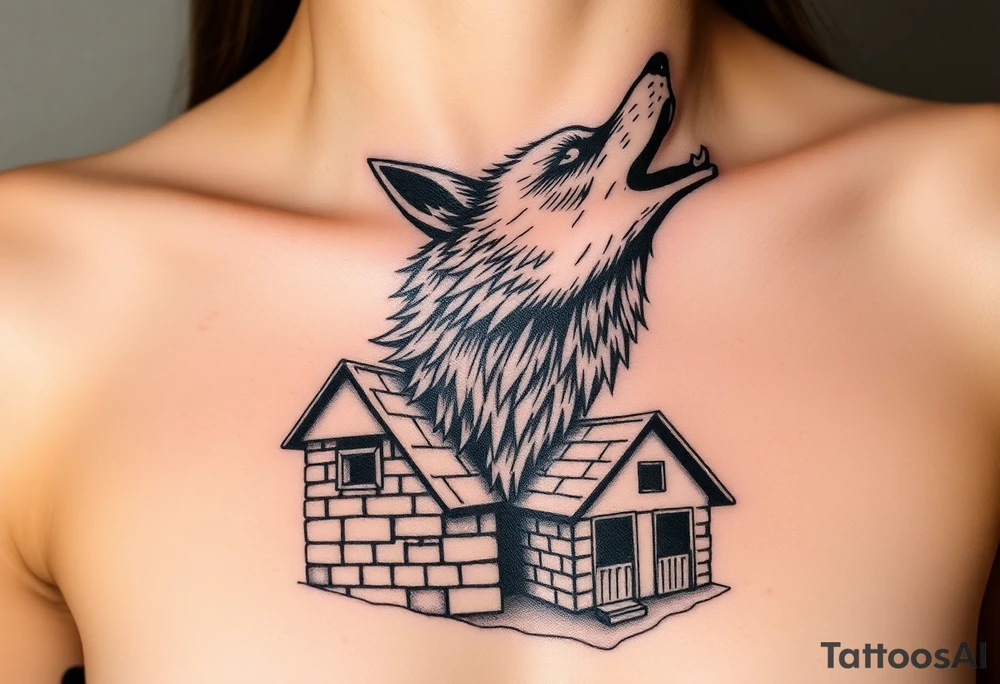 Big bad wolf  blowing down   a brick house tattoo idea