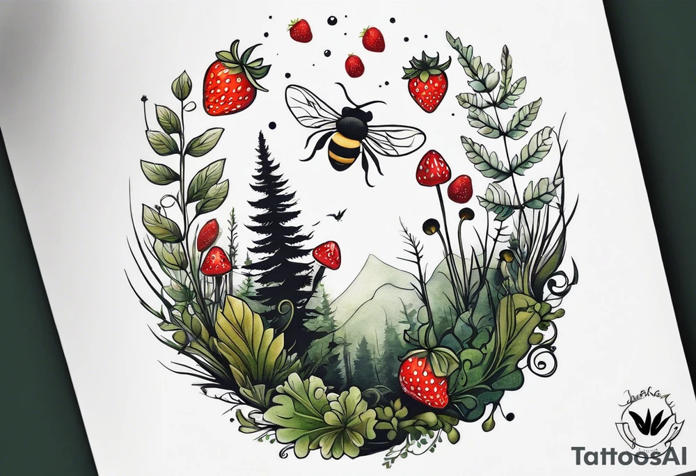 forest floor inspired minimalist tattoo, which includes grass, curly ferns, moss and dead leaves as the bulk of the tattoo. details to include: three very tiny strawberries, a tiny bumblebee flying nearby, three small brown mushrooms
Generate a vertically long one tattoo idea