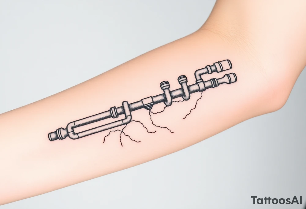 Top pipe starts closer to the elbow, long System of pipes that transitions and transforms into veins of forearm tattoo idea