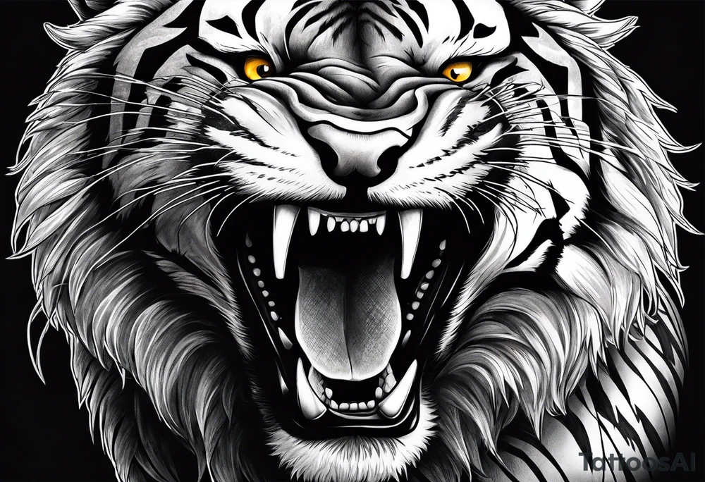 Sabertooth tiger with long fangs straight on view with fangs hanging down tattoo idea