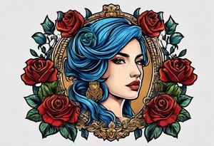 ancient rome clothes women, with svale in one hand blue rose frames, justicia tattoo idea
