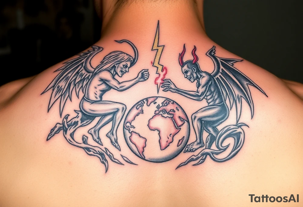 Heaven and hell fighting each other on earth tattoo idea