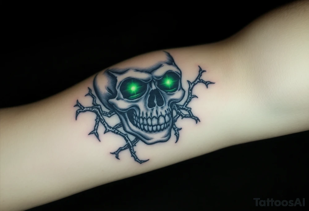 A decayed skull with glowing green eyes, wrapped in thorny vines and graveyard tattoo idea