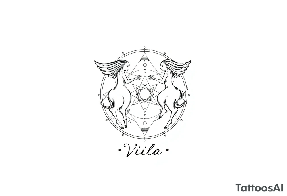 intricate Gemini zodiac star constellation with sacred geometry and cosmic elements with my name Viola in it tattoo idea