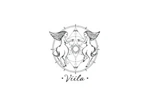 intricate Gemini zodiac star constellation with sacred geometry and cosmic elements with my name Viola in it tattoo idea