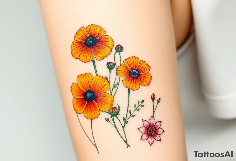 California poppies, California blackberries, gray’s lupine, marsh marigold, Indian paintbrush, one daisy, and an orange and orange blossom tattoo idea