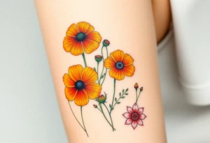 California poppies, California blackberries, gray’s lupine, marsh marigold, Indian paintbrush, one daisy, and an orange and orange blossom tattoo idea