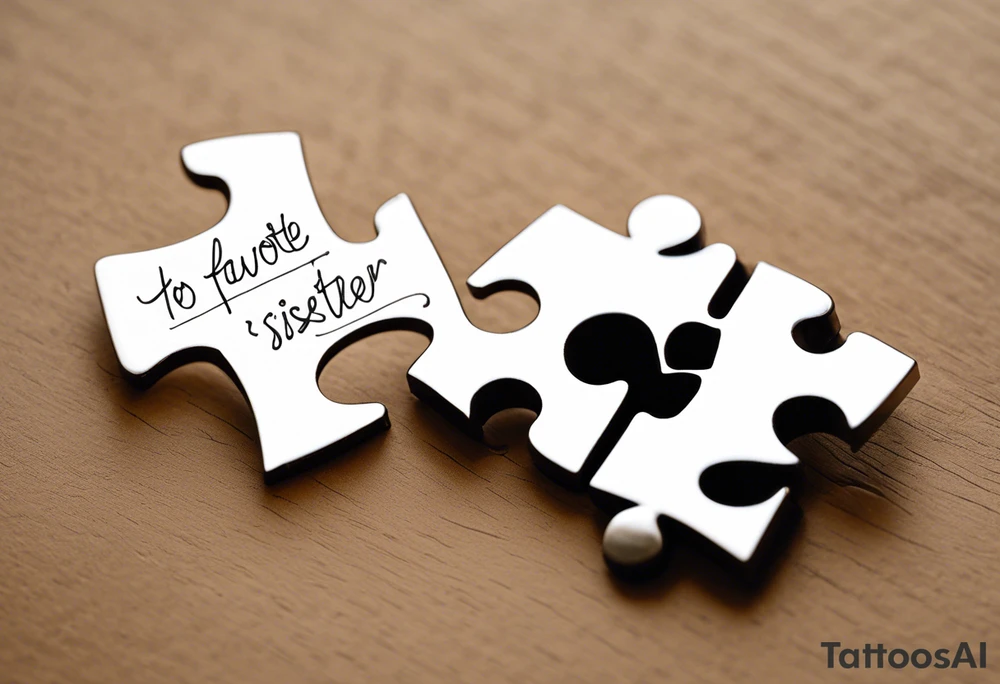 Interlocking Puzzle Pieces
   Concept: Two outlined puzzle pieces that are interlocking or fit together perfectly, symbolizing how you and your sister were connected. One of the puzzle pieces could have the small, filled-in heart inside it.
   Text: “To my favorite sister” could be placed underneath or along the curve of your ankle, maintaining your sister’s handwriting. You could position the text so it wraps slightly around the interlocking pieces. tattoo idea