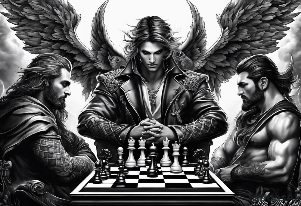 angel checkmate playing devil in chess good and evil side tattoo idea
