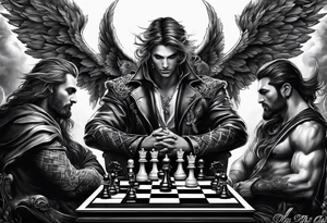 angel checkmate playing devil in chess good and evil side tattoo idea