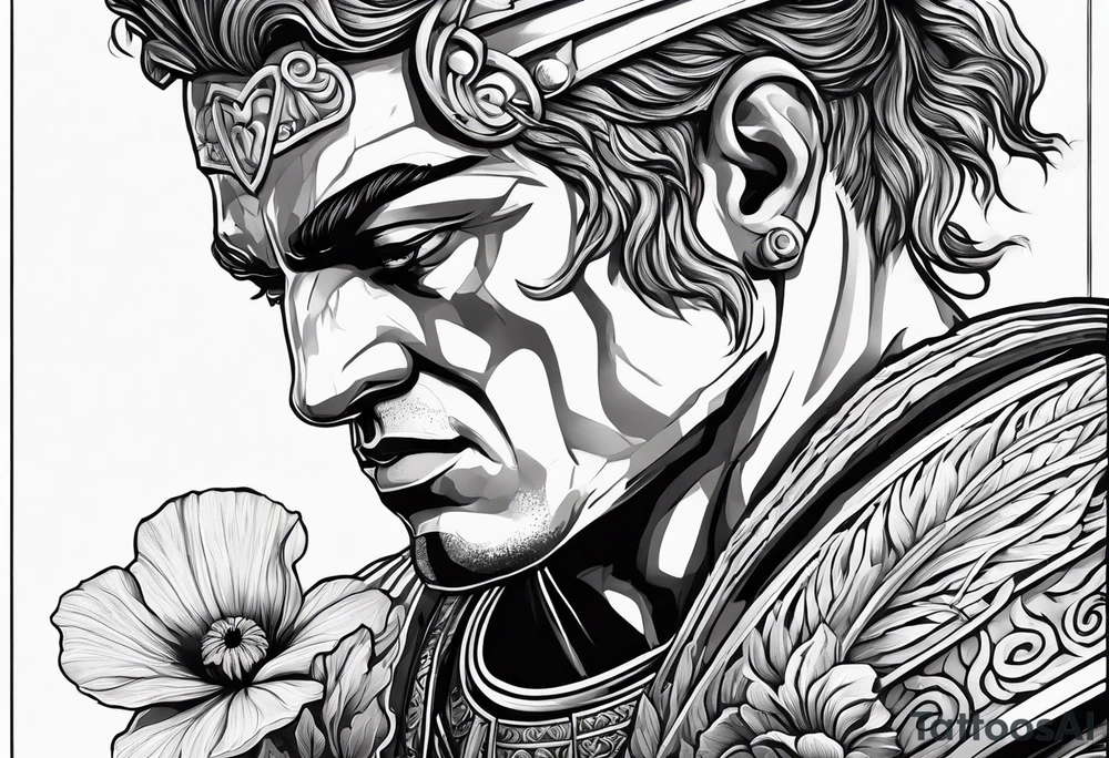 Greek warrior tending to Poppy flower growing out of rock tattoo idea