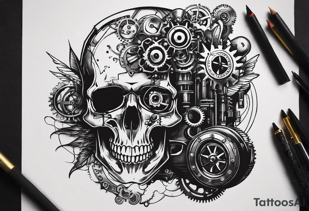 Powerful skull powered by an engine featuring an "steampunk desing" in the image appears a psiton and a turbo, also the dseign must be vertical. Also, the desing must be minimalistic not saturated. Remember the vertical design as this will go in my calf tattoo idea