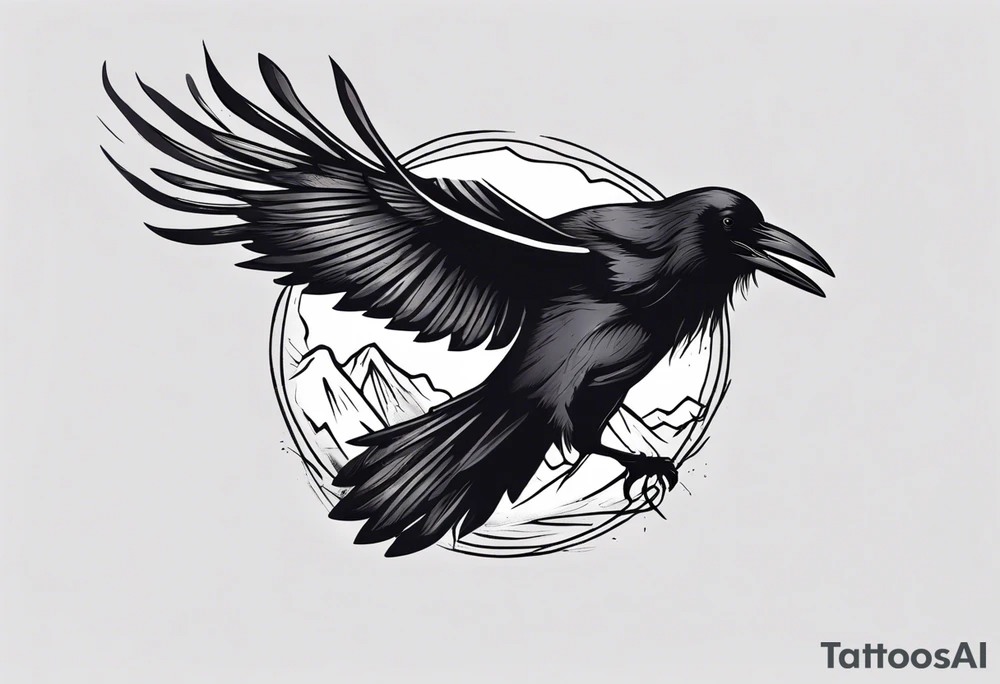 raven flying toward foreground tattoo idea