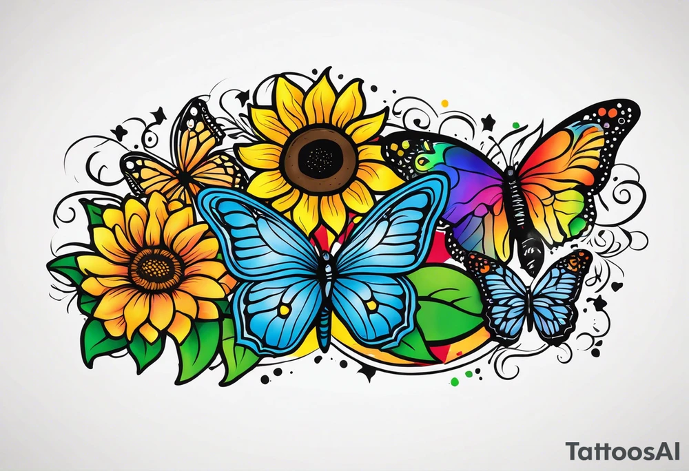 Memorial arm sleeve for mom with rainbow sunflowers and butterflies tattoo idea