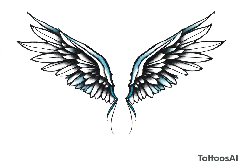 A minimalist wings tattoo that represents a shattered and betrayed gemini woman who fought hard throughout this year. With colors blue and black. Make it unique and rare. Without leaves and stem. tattoo idea