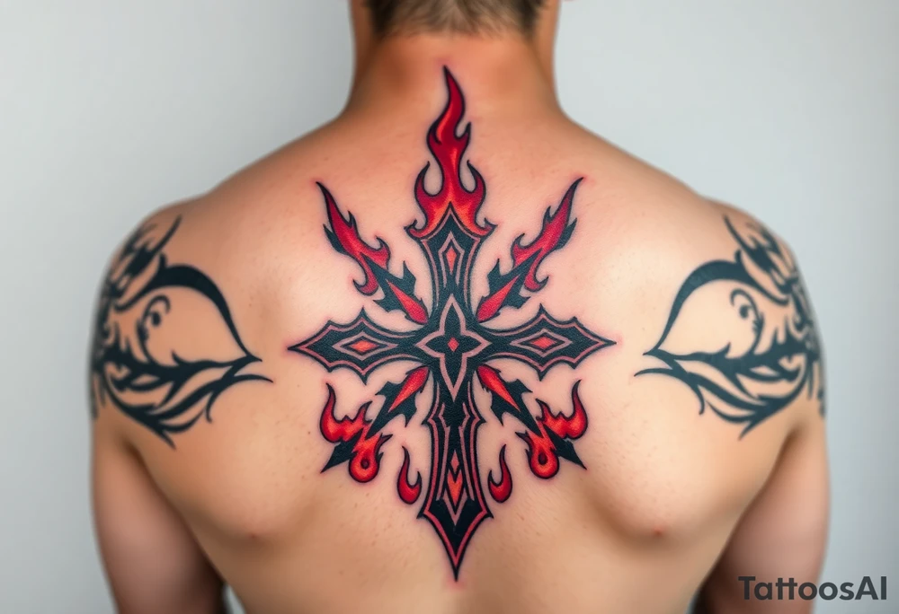 A flaming red and black Templar cross, surrounded by burning embers tattoo idea