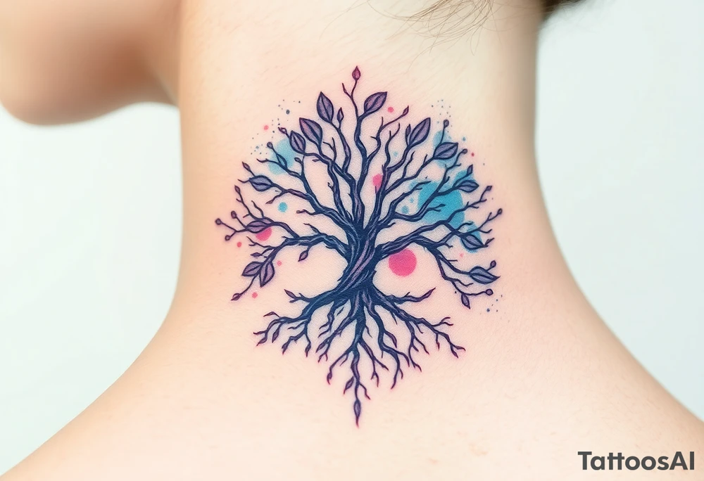 mystical tree of life with cosmic roots and celestial branches tattoo idea
