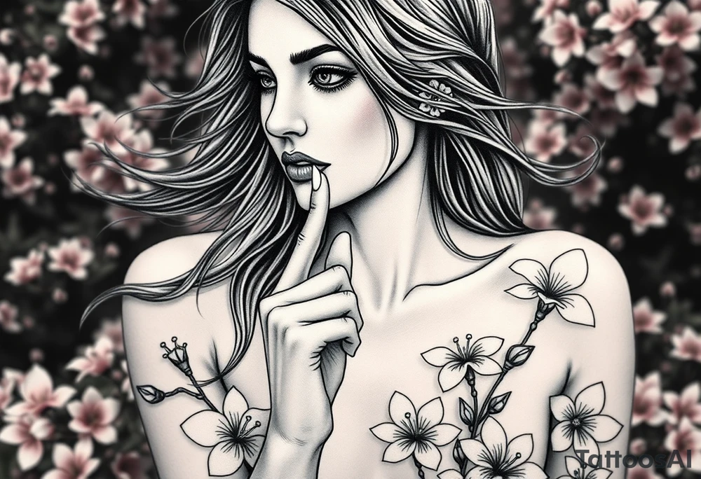 Beautiful women with long flowing hair in the wind that flows down her back and the side of her shoulder and chest as she is looking forward her face is she has big eyes that are wide shut and her little nose is normal and her lips are big and full but she has her index finger to her full lips as telling you to not speak and even though she has alot of hair you can see her pierced ears but both ears are bleeding and the blood is dipped down her naked body as she sits in a garden full of Beautiful pink plumeria tattoo idea