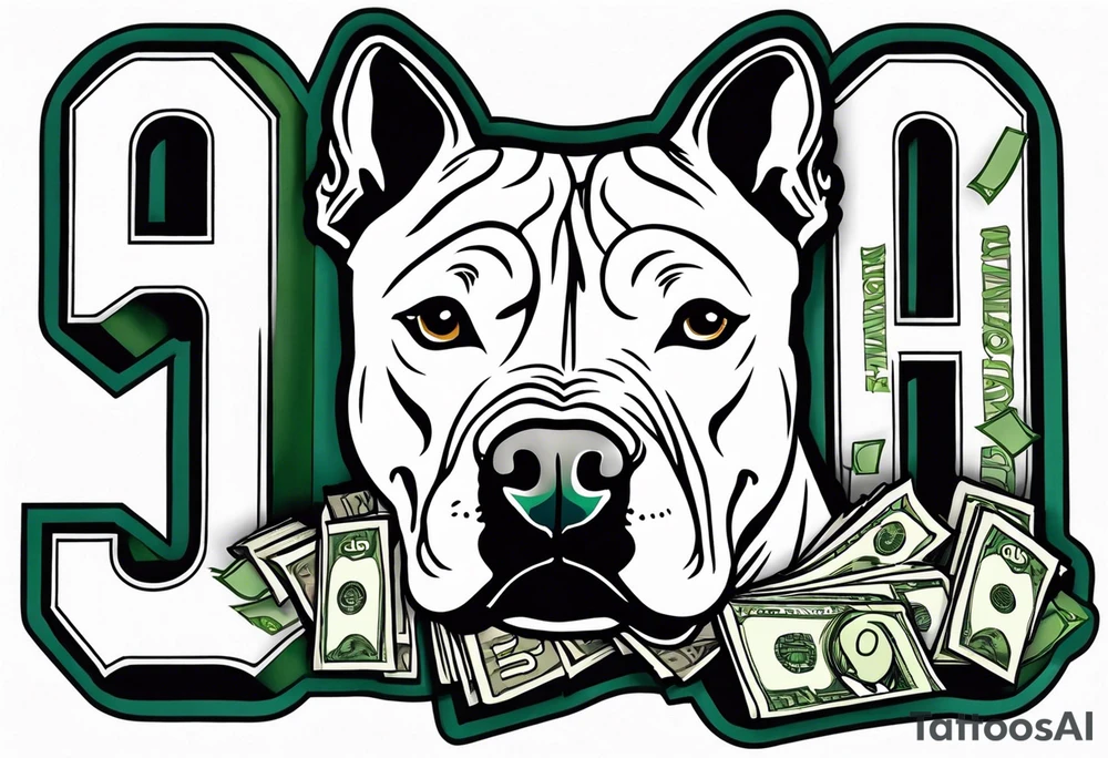 A pit bull with wads of cash in his mouth and the letters “A.O.” Over the dog tattoo idea