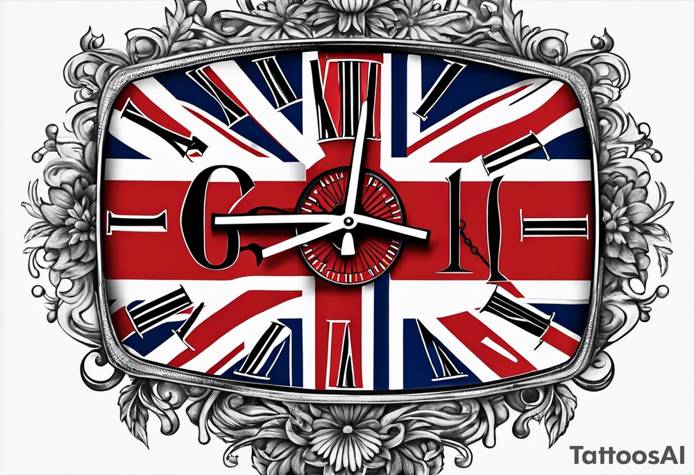 union jack key leaves clock tattoo idea