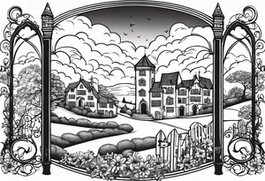 sacred medieval town houses open gate towers garden circle vignette surrounded by clouds floral tattoo idea