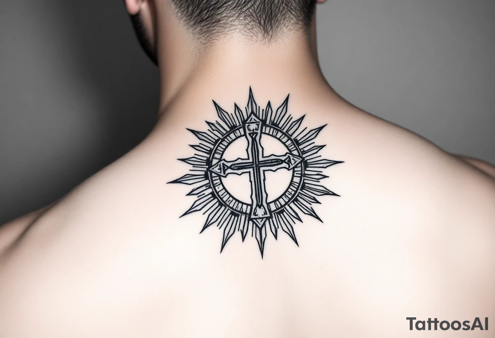 Exotic cross inside a solar circle tattoo idea