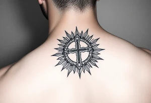 Exotic cross inside a solar circle tattoo idea