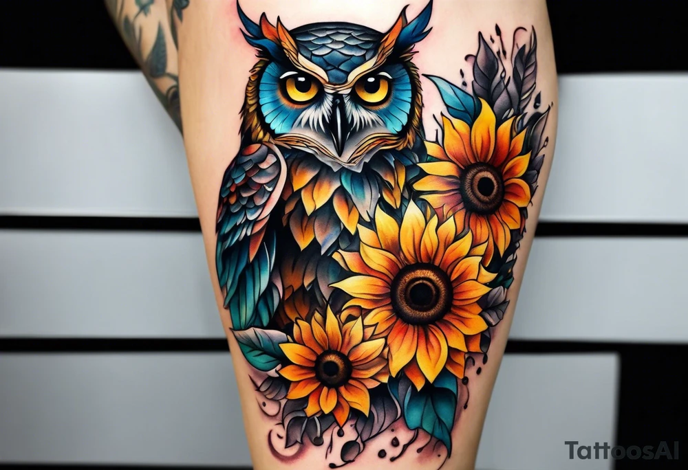 Leg sleeve with colorful sunflowers and an owl tattoo idea